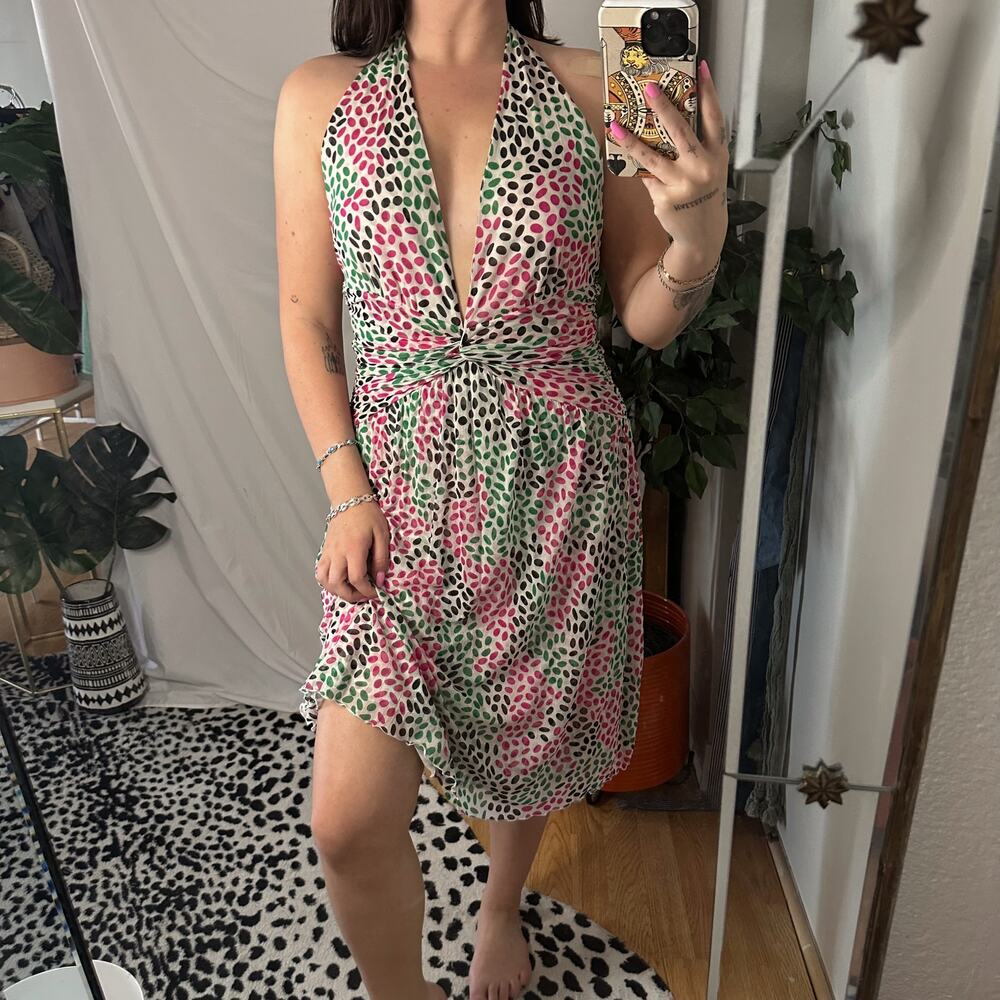Vintage Silk Diane Von Furstenberg Patterned Plunge V-Neck Halter Dress